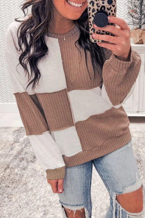 Colorblock Checkered Raw Seamed Ribbed Round Neck Top